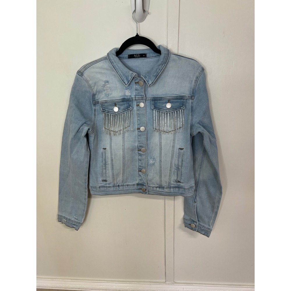 ACG Los Angeles Rhinestone Fringe Distressed Denim Jacket Light Wash Medium
